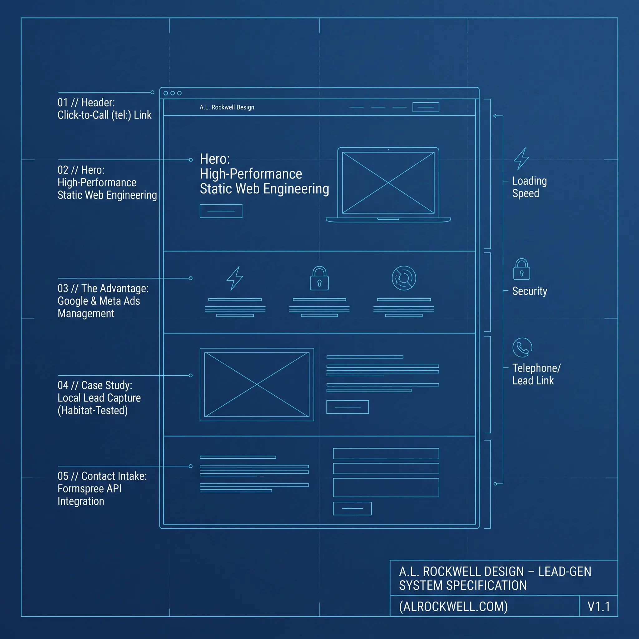 A.L. Rockwell Design — lead-gen system specification blueprint schematic of the website architecture